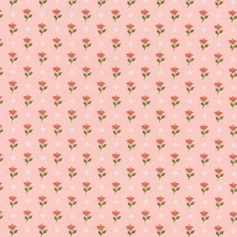 Light pink fabric featuring a pattern of dark pink flowers and white dots.