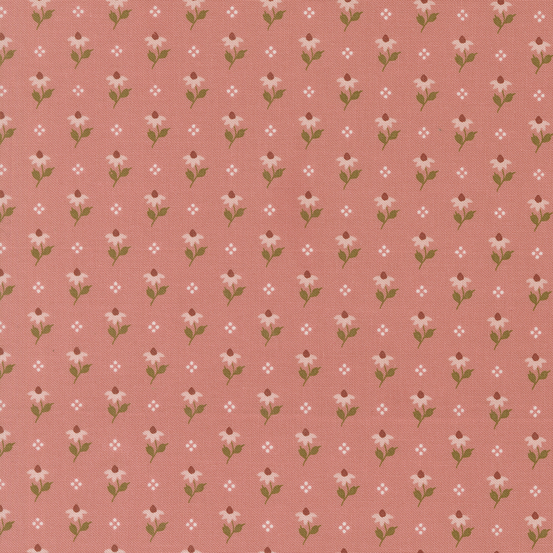 Coral pink fabric featuring a pattern of light pink flowers and white dots.