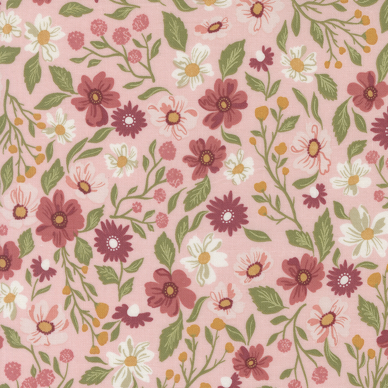 Light pink fabric featuring various dark pink, cream, and yellow flowers with green leaves and vines.