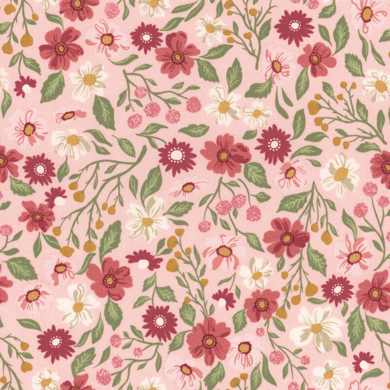 Light pink fabric featuring various dark pink, cream, and yellow flowers with green leaves and vines.