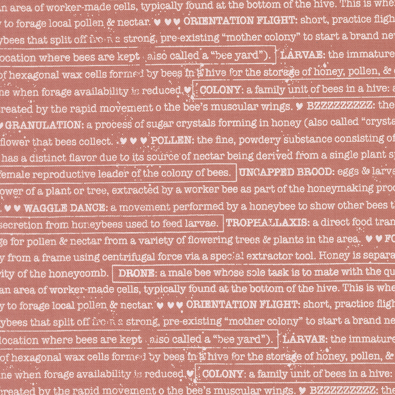 Coral pink fabric featuring text about bees and beekeeping