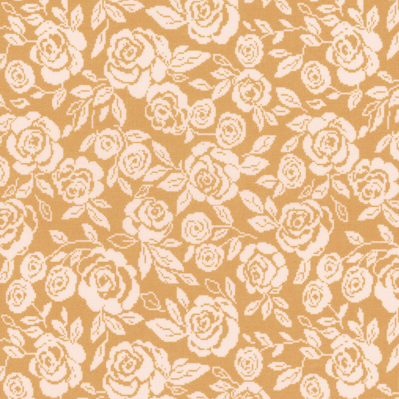 Golden yellow fabric featuring a pixelated design of cream roses.