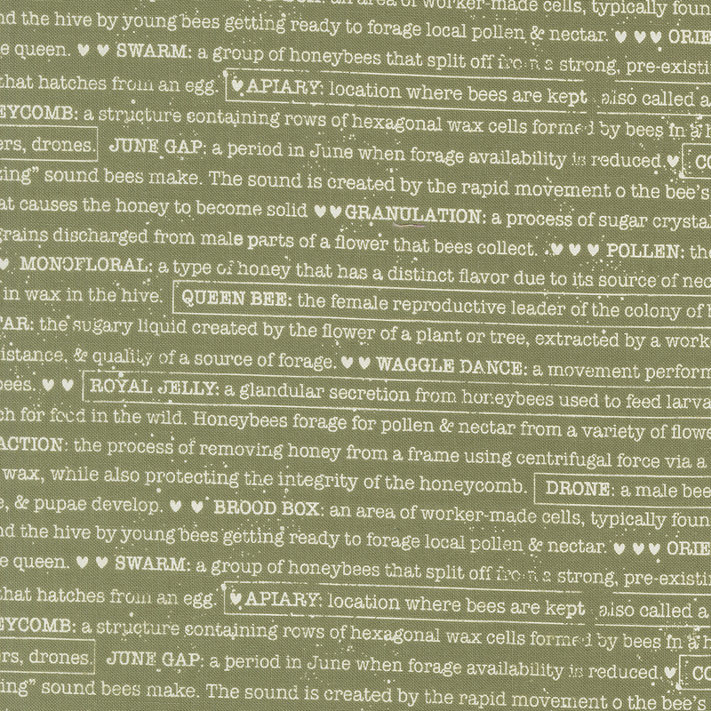Olive green fabric featuring text about bees and beekeeping