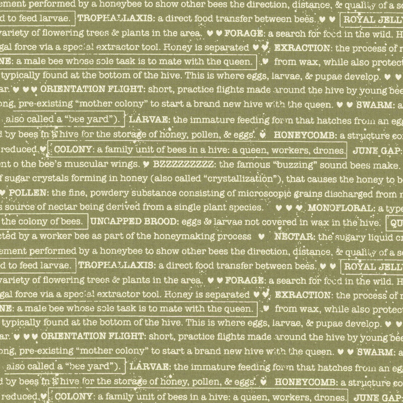 Olive green fabric featuring text about bees and beekeeping