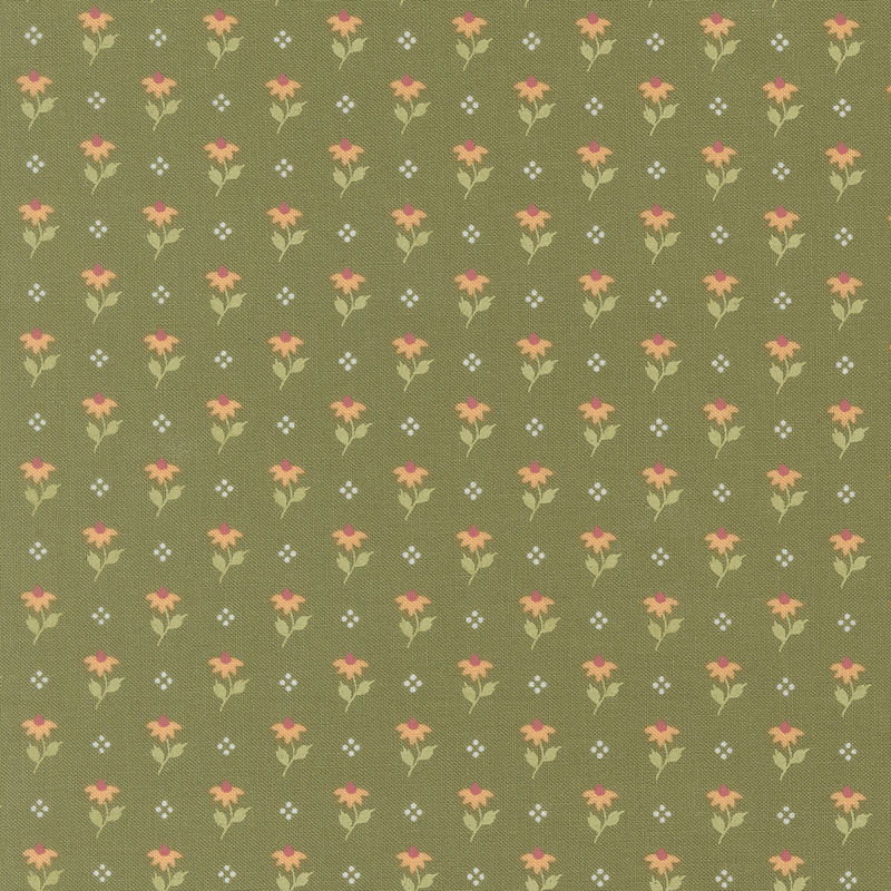 Olive green fabric featuring a pattern of yellow flowers and white dots.