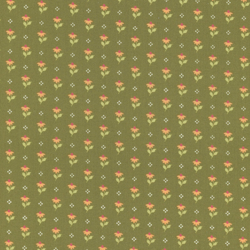 Olive green fabric featuring a pattern of yellow flowers and white dots.