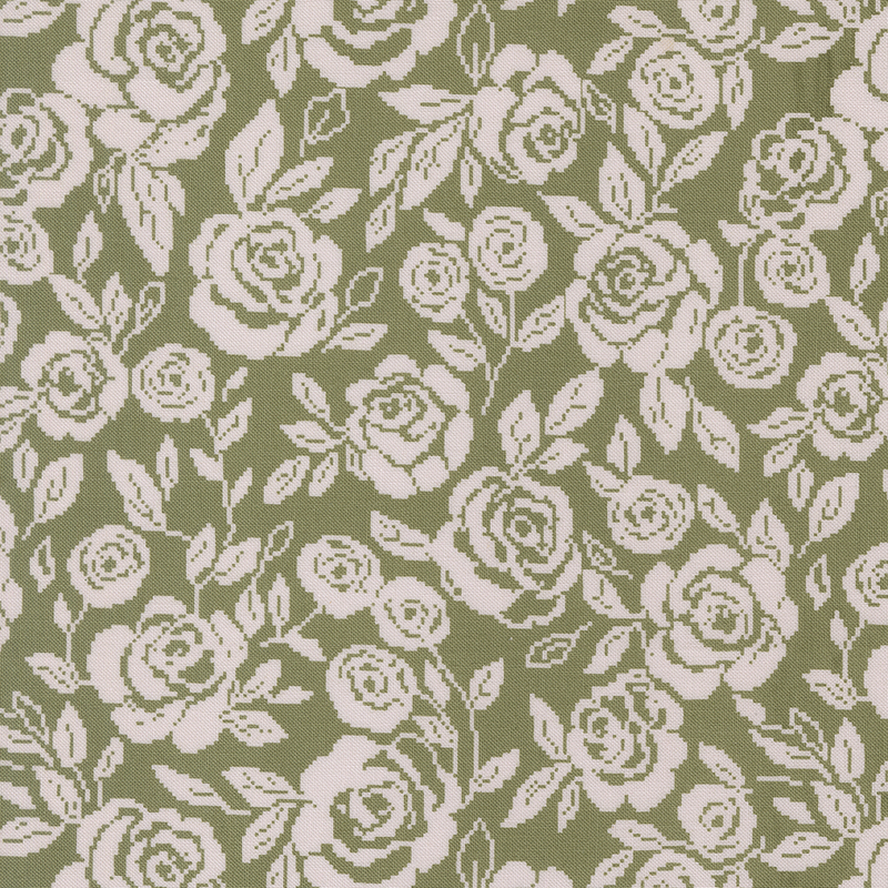 Olive green fabric featuring a pixelated design of cream roses