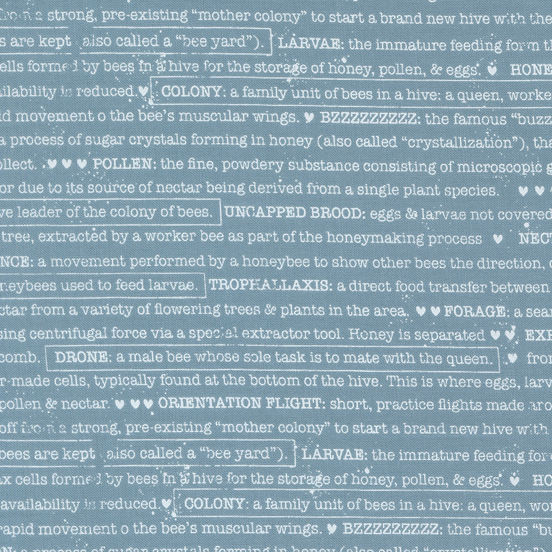 Blue fabric featuring text about bees and beekeeping