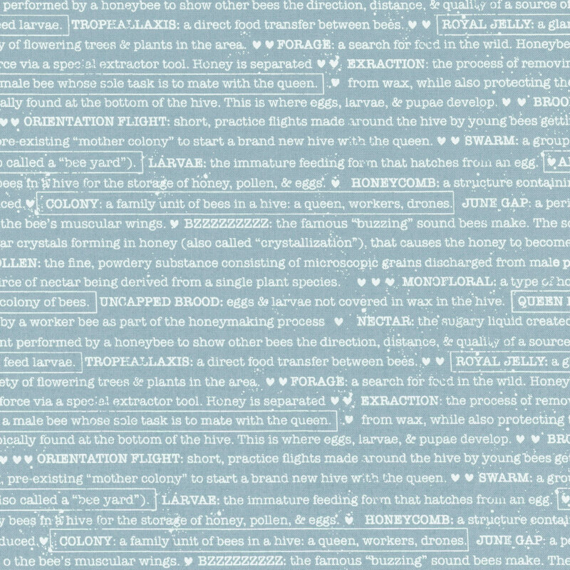 Blue fabric featuring text about bees and beekeeping