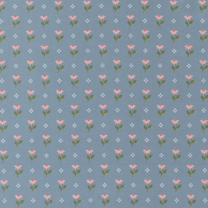 Blue fabric featuring a pattern of pink flowers and white dots.