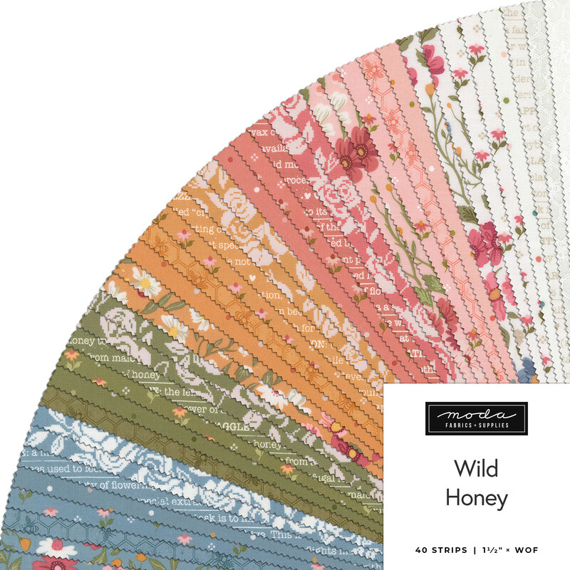 A circular arrangement of fabric strips in various colors and patterns, labeled Wild Honey by Moda.