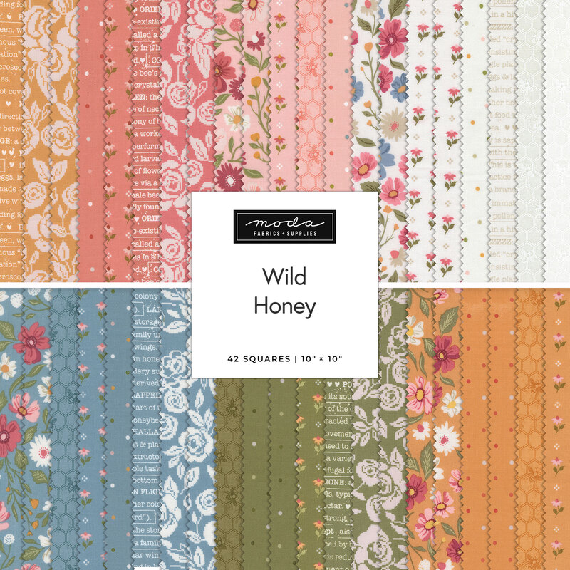 A collection of 42 fabric squares in various floral and geometric patterns, titled Wild Honey.