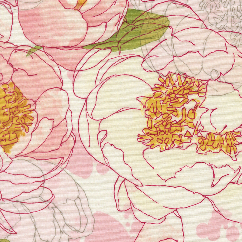 Cream statement fabric featuring large tonal and pink watercolor peonies.