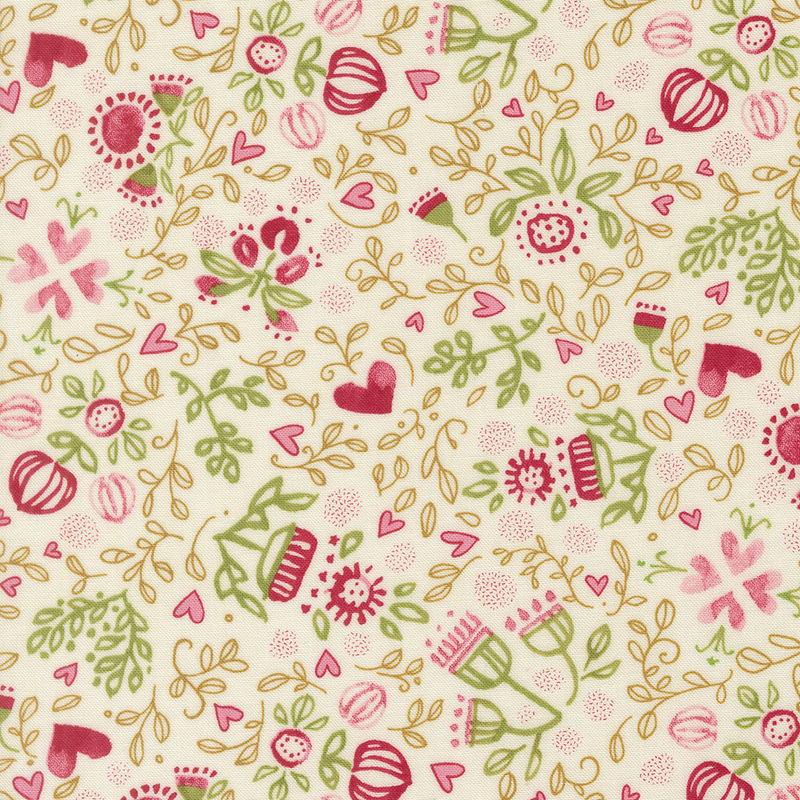 Cream fabric with tossed stylized pink and red peonies, watercolor hearts, and scrolling green and gold leaf details.