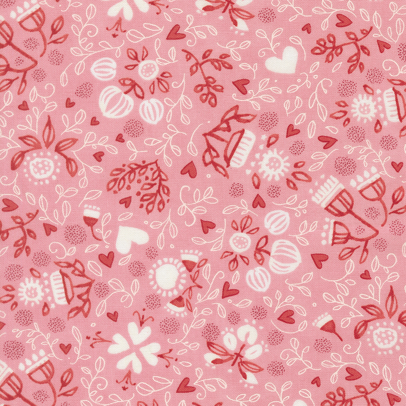 Candy pink fabric with tossed stylized white and red peonies, watercolor hearts, and scrolling white leaf details.