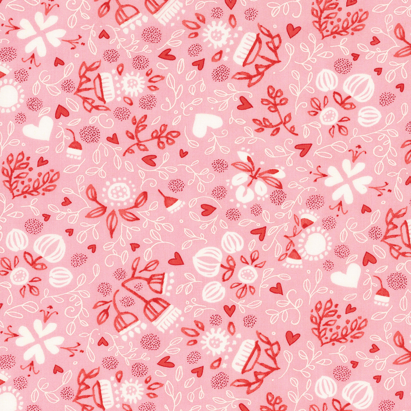 A pink pattern featuring red hearts, flowers, and decorative elements like baskets and leaves.