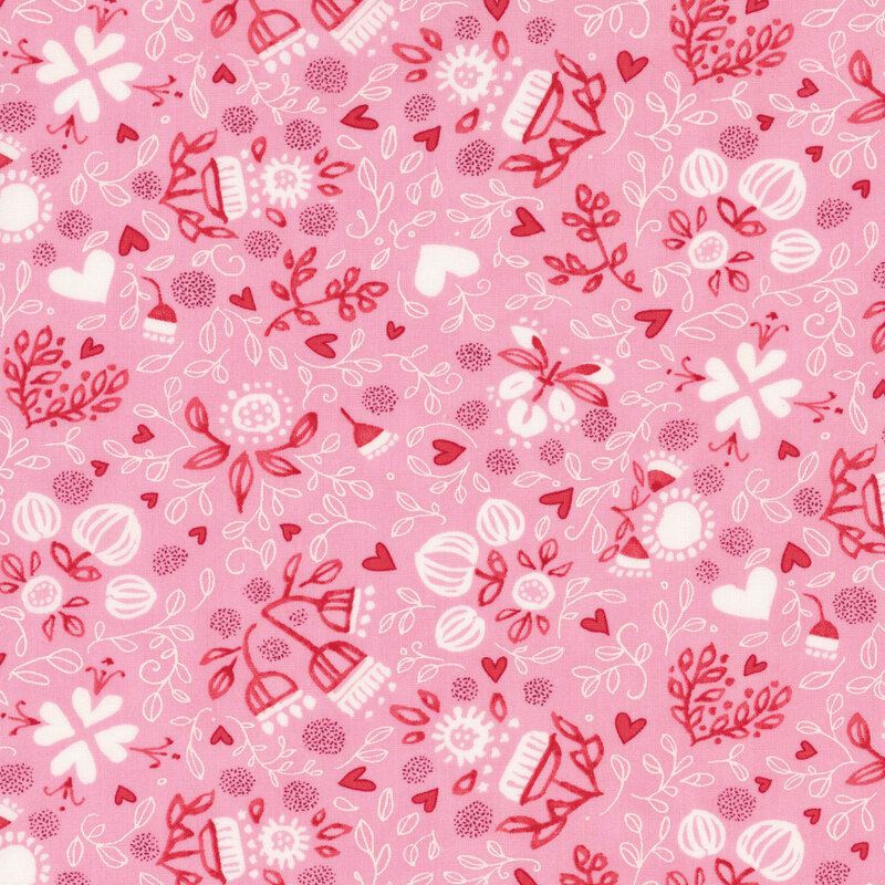 Candy pink fabric with tossed stylized white and red peonies, watercolor hearts, and scrolling white leaf details.