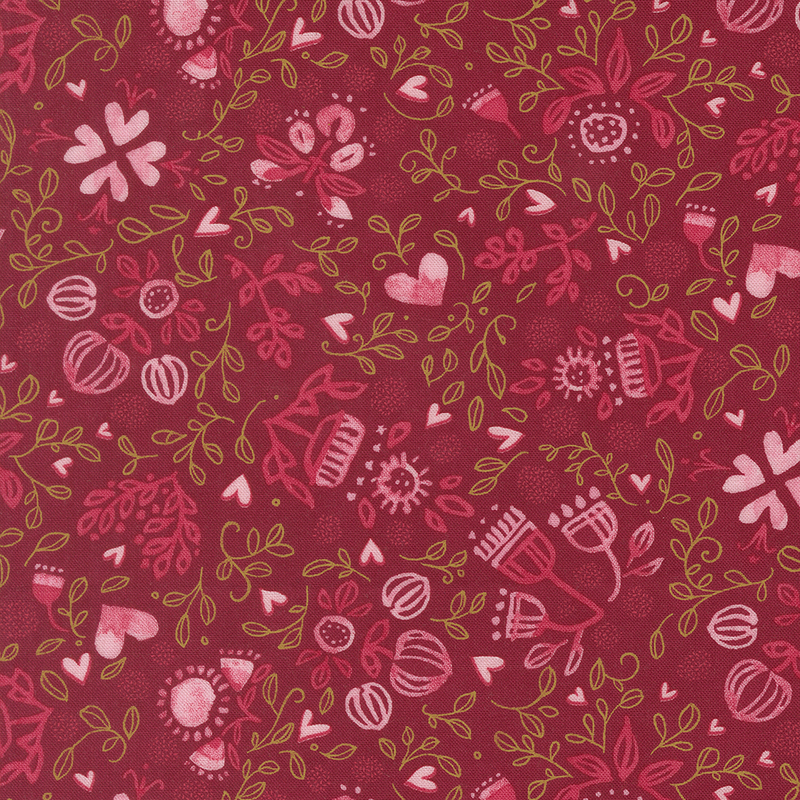 Cranberry red fabric with tossed stylized pink peonies, watercolor hearts, and intricate green leaf details.