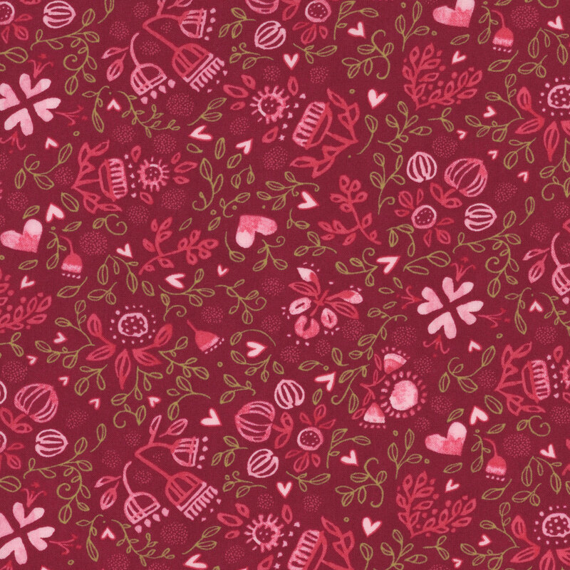 Cranberry red fabric with tossed stylized pink peonies, watercolor hearts, and intricate green leaf details.