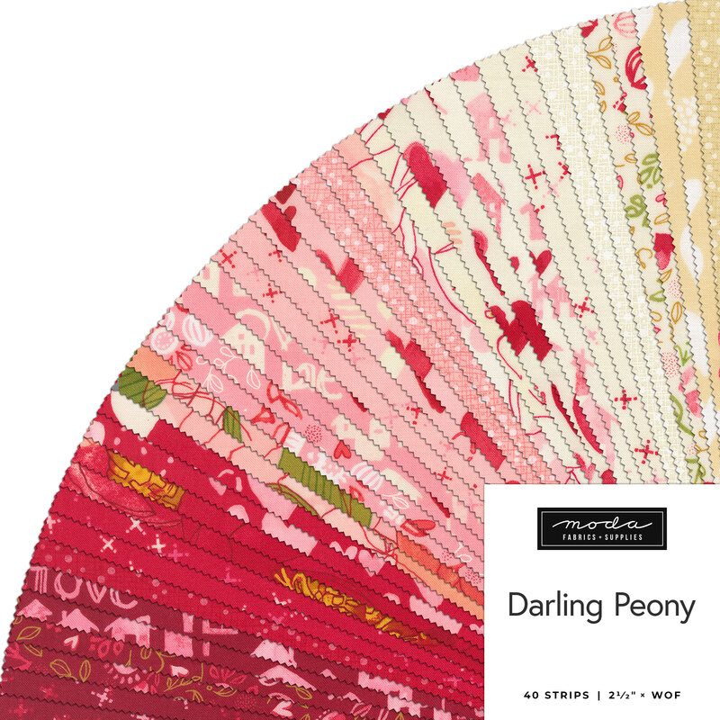 Collage of fabrics in the Darling Peony Jelly Roll featuring florals and hearts.