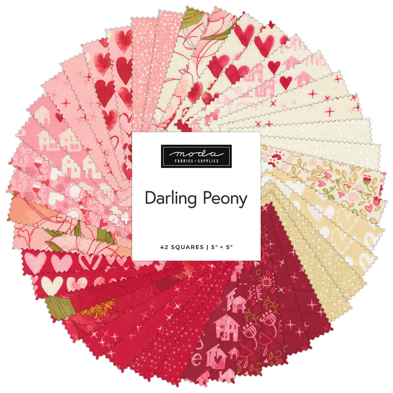 Collage of fabrics in the Darling Peony Charm Pack featuring florals and hearts.