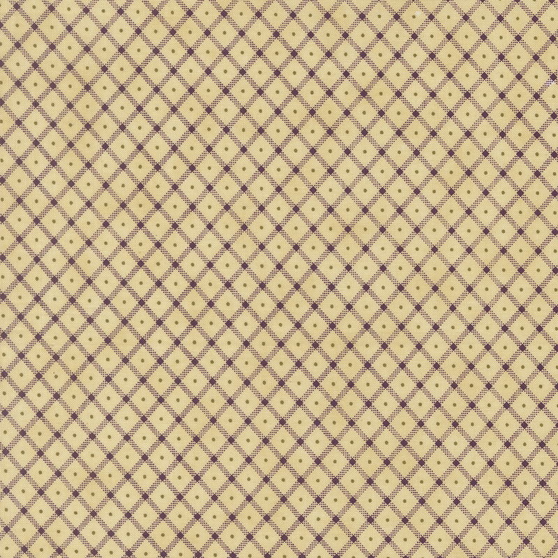 Light tan fabric with a purple lattice design and green pinprick dots in the center of each.