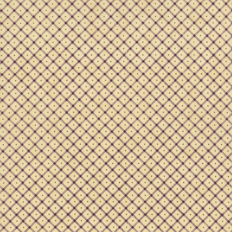 Light tan fabric with a purple lattice design and green pinprick dots in the center of each.