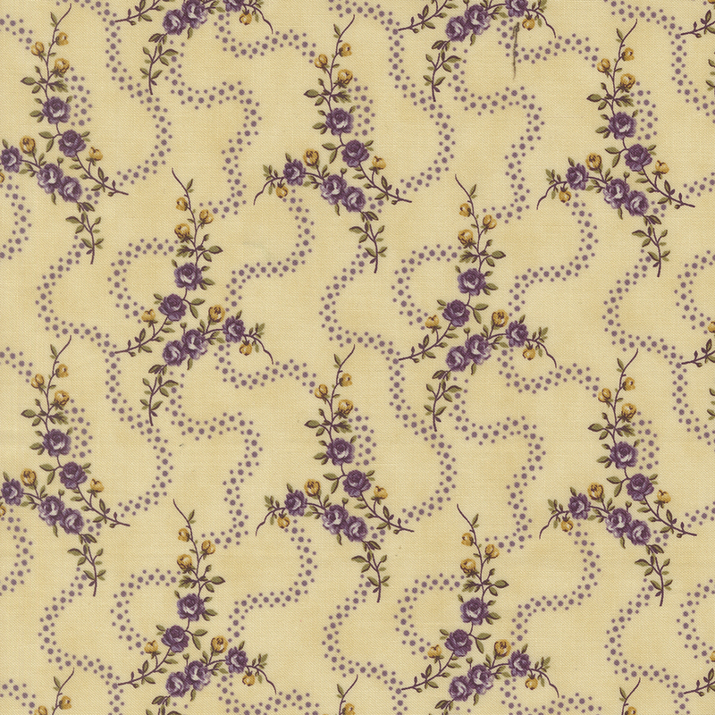 Light tan fabric with thin yellow and purple floral vines and wavy purple dotted lines.