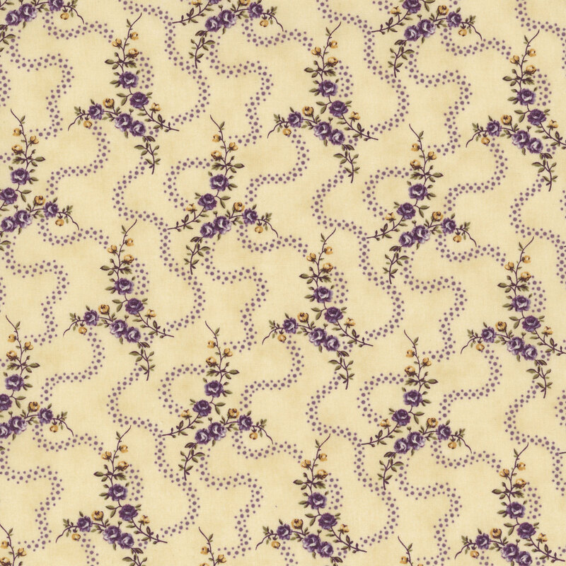 Light tan fabric with thin yellow and purple floral vines and wavy purple dotted lines.