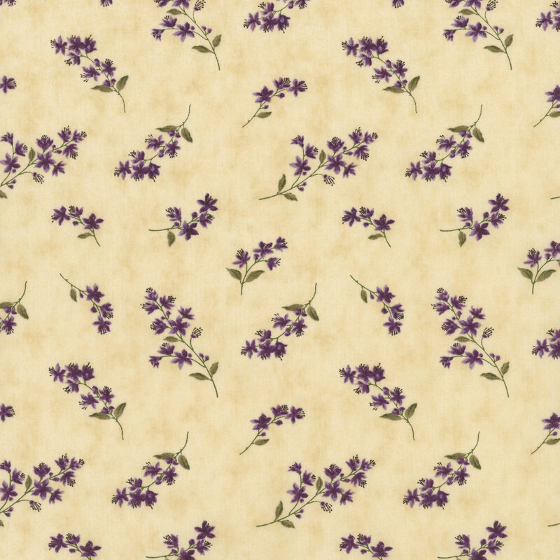Light tan mottled fabric with tossed sprigs of violets.