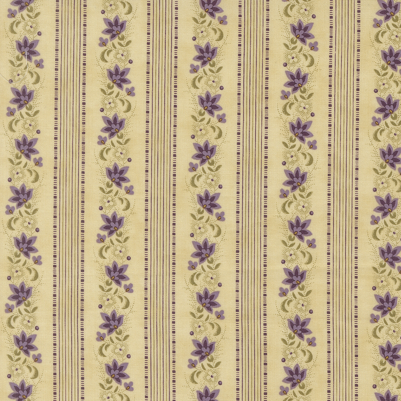 Light tan fabric with lines of thin purple and green stripes and violet flowers.