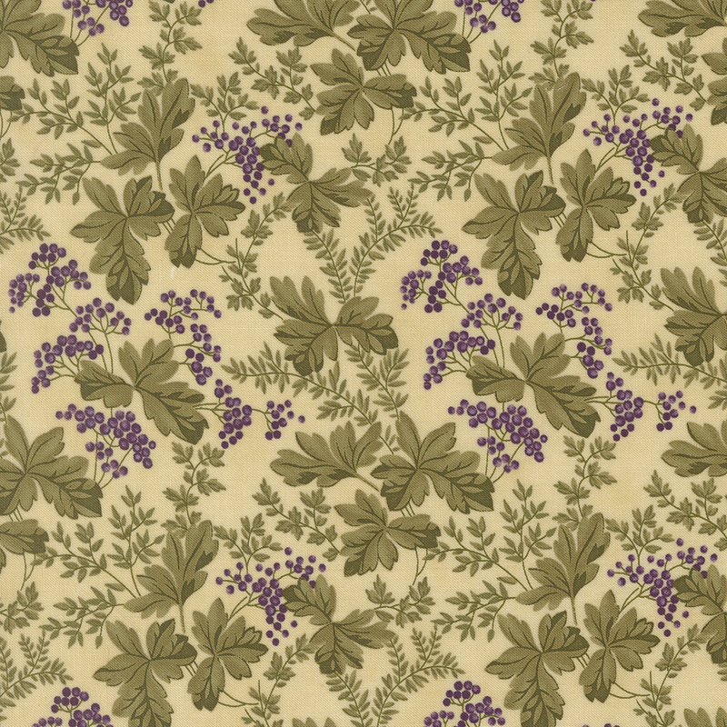 Light tan fabric with large green leaves and small purple berries.