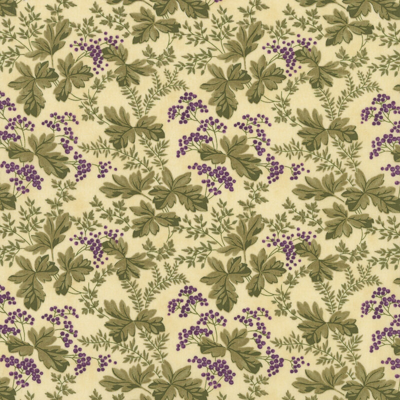 Light tan fabric with large green leaves and small purple berries.