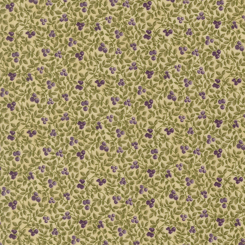 Light tan fabric with a packed design of leaves and small purple berries.