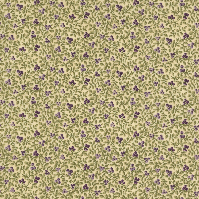 Light tan fabric with a packed design of leaves and small purple berries.
