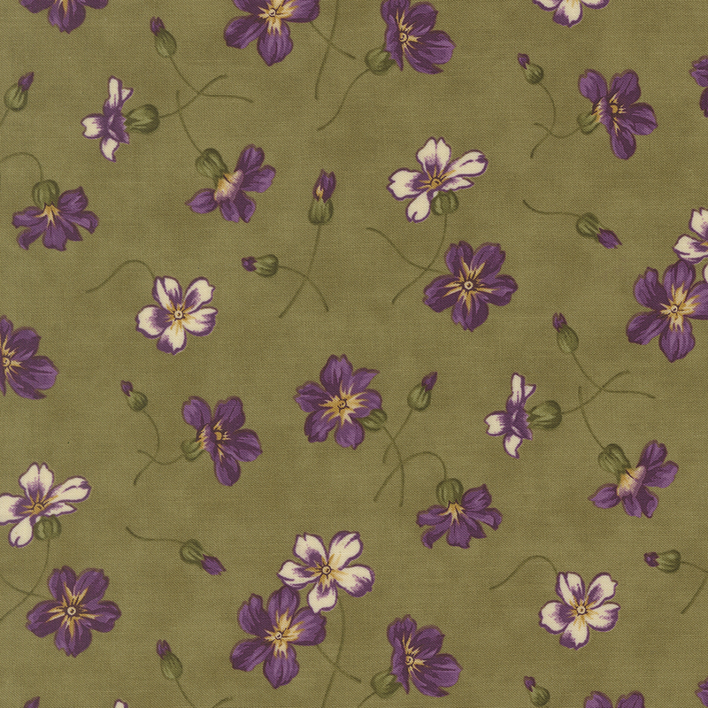 Fern green fabric with sprigs of open and blooming purple and white flowers.