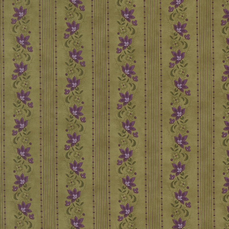 Fern green fabric with lines of thin purple and green stripes and violet flowers.