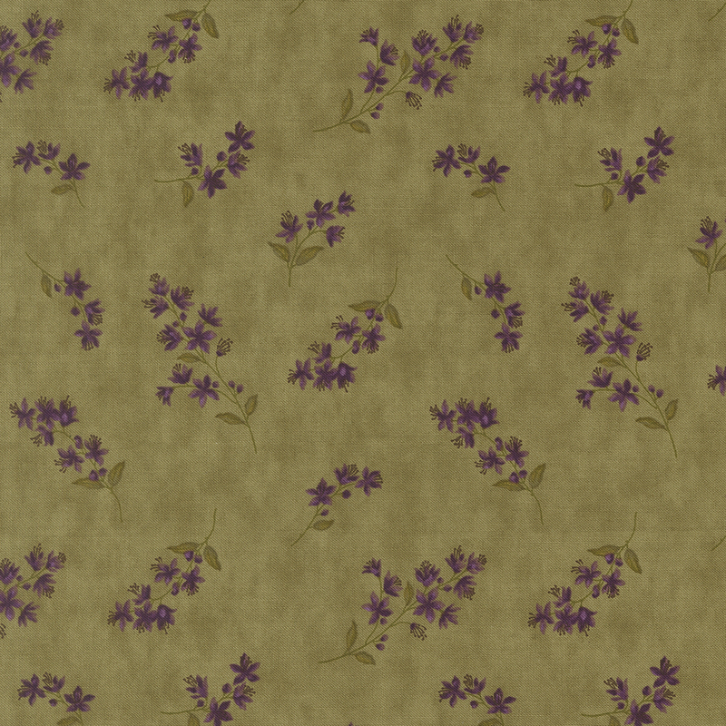 Fern green mottled fabric with tossed sprigs of violets.