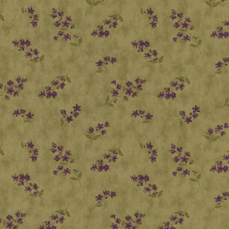 Fern green mottled fabric with tossed sprigs of violets.