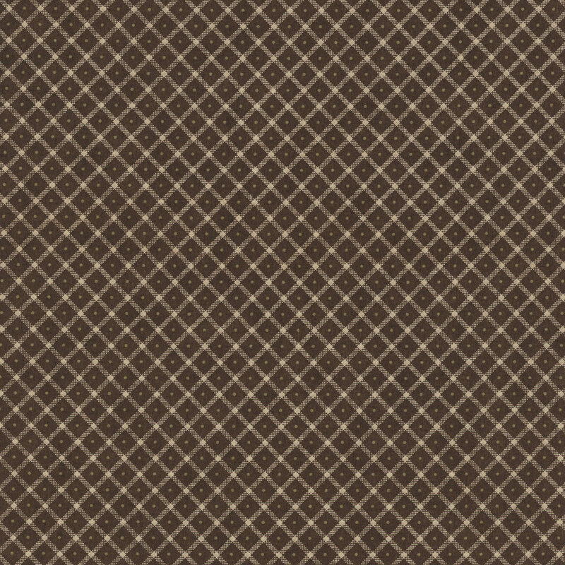 Brown fabric with a cream lattice design and green pinprick dots in the center of each.