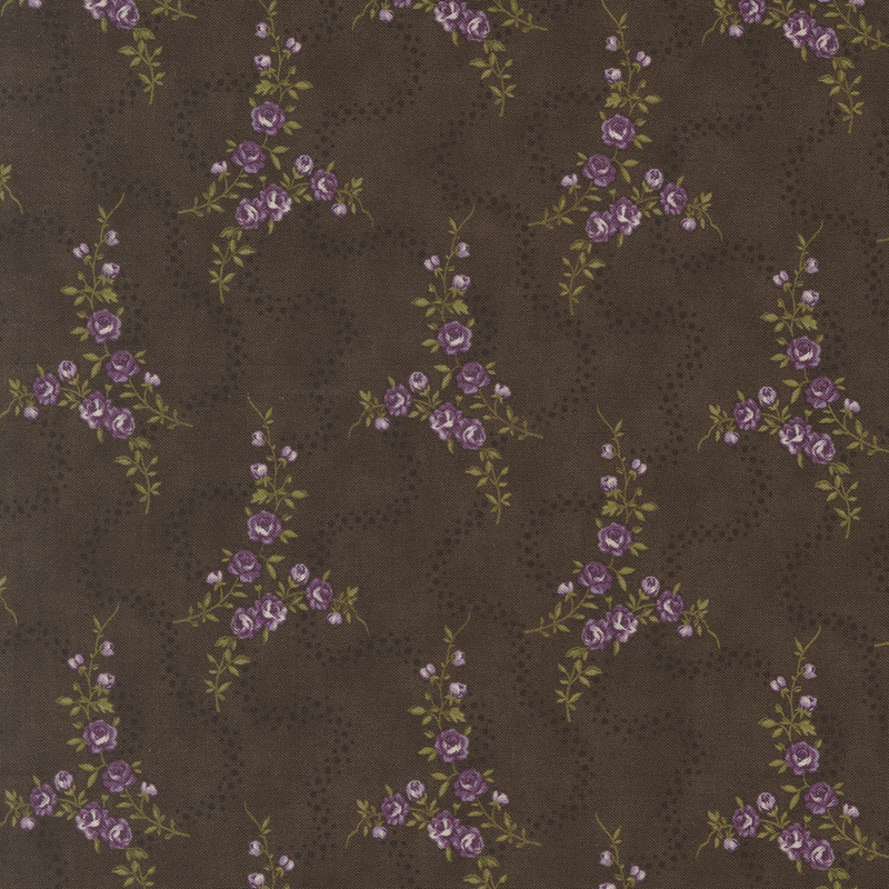 Brown fabric with thin purple floral vines and wavy tonal dotted lines.