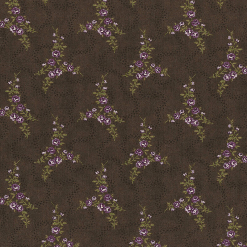 Brown fabric with thin purple floral vines and wavy tonal dotted lines.