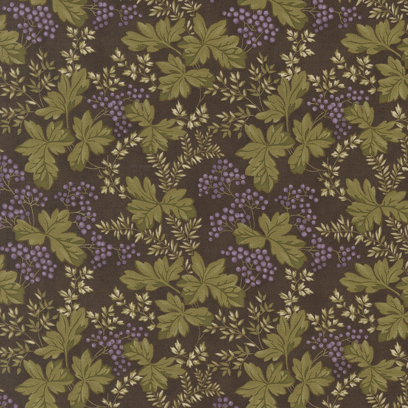 Brown fabric with large green leaves and small purple berries.