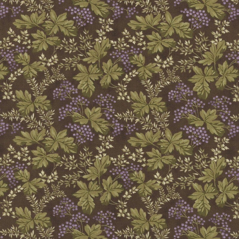 Brown fabric with large green leaves and small purple berries.