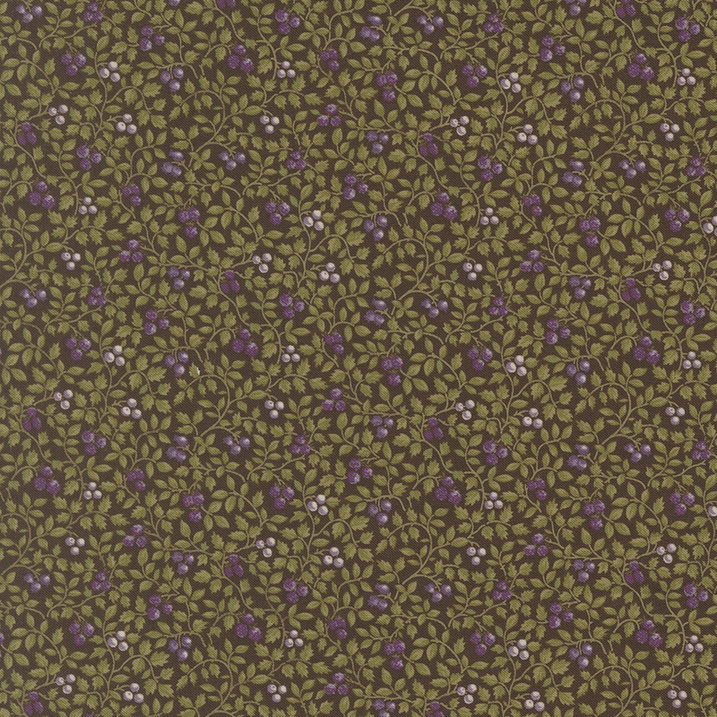 Brown fabric with a packed design of leaves and small purple berries.