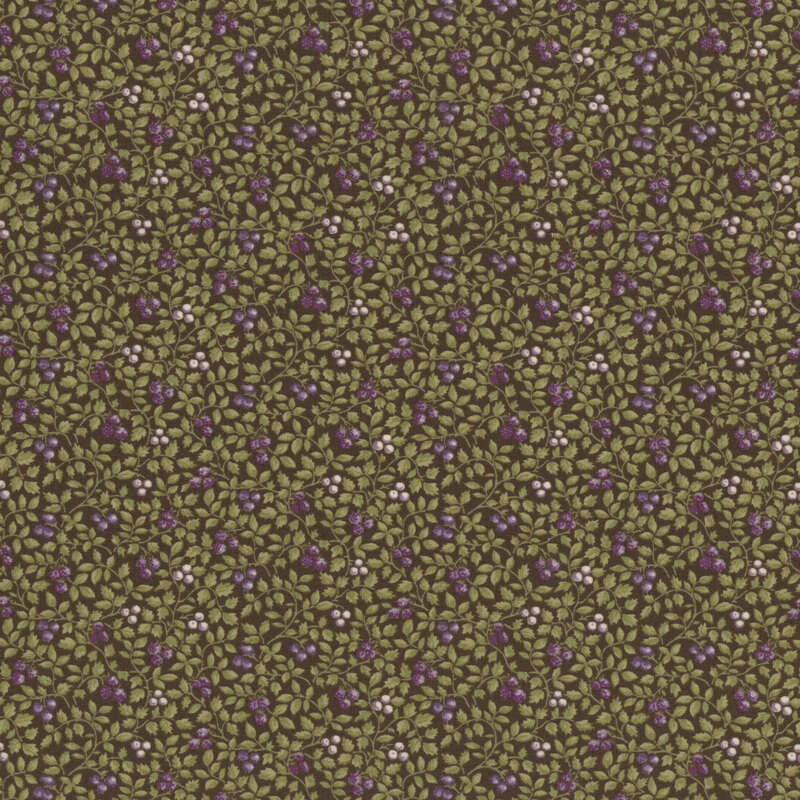 Brown fabric with a packed design of leaves and small purple berries.