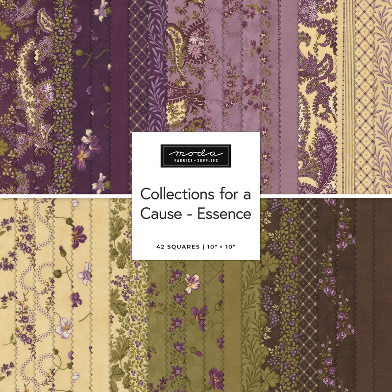 A stacked collage of floral fabrics included in the Collections for a Cause - Essence Layer Cake.