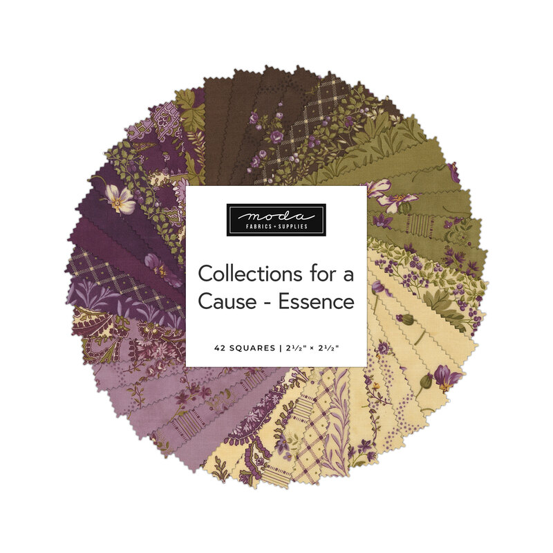 A spiral collage of floral fabrics included in the Collections for a Cause - Essence Mini Charm Pack.