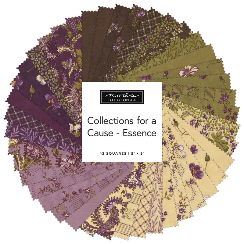 A spiral collage of floral fabrics included in the Collections for a Cause - Essence Charm Pack.