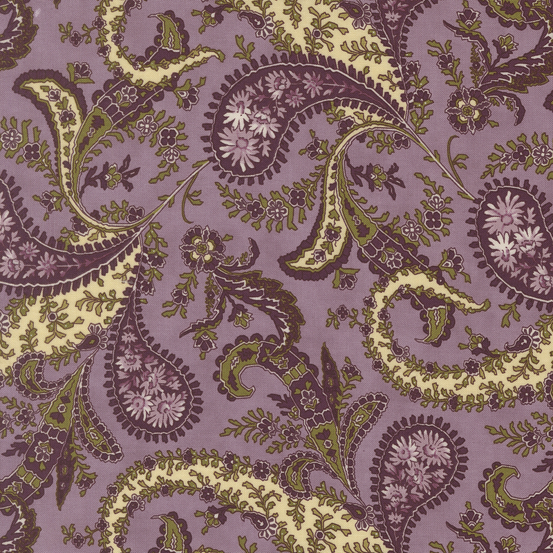 Light purple fabric with plum, green, and light tan paisley, leaves, and florals.